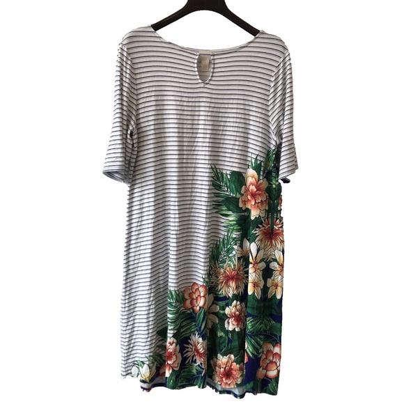 Chico’s Keyhole Striped Paradise Palm Dress Sz L Short Sleeves Stretch Tropical - Picture 1 of 15